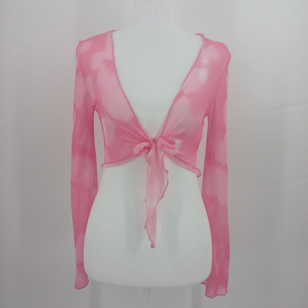 SHEIN Pink & White Abstract Print Mesh Top Long Sleeve Sheer Blouse size small